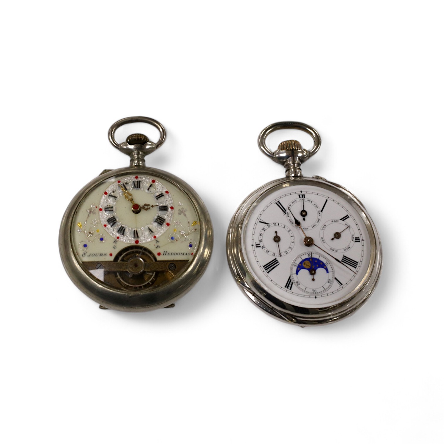 Two nickel or chrome cased pocket watches, Hebdomas, case diameter 50mm and calendar, case diameter 50mm. Condition - fair